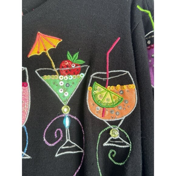 Design Options Womens Embroidered Cardigan XL Martini Wine Glasses Holiday Party - Picture 5 of 16